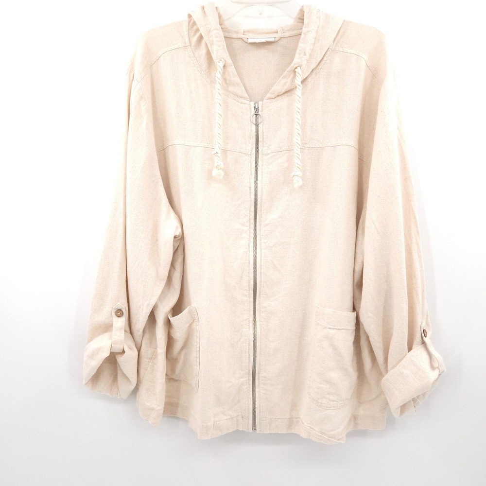 J. Jill Zip Up Linen Hoodie Jacket Womens 3X Beige Blend Roll Tab Sleeve